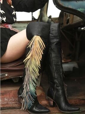Junk Gypsy Spirit Animal Over-the-Knee Leather Boots with Ombré Fringe